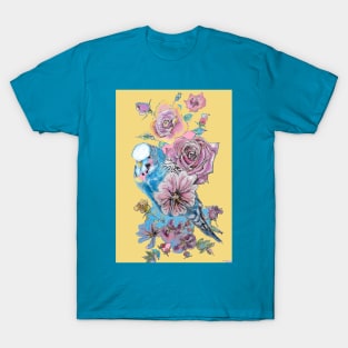 Blue Budgie and Rose Watercolor Painting on Yellow T-Shirt